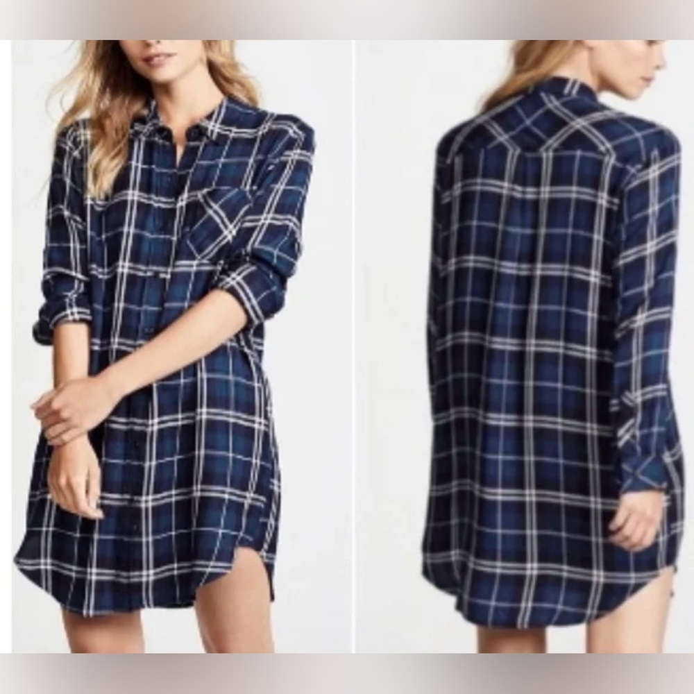 Rails Bianca Navy and White Plaid Long Sleeve shirt Dress size small Fall!